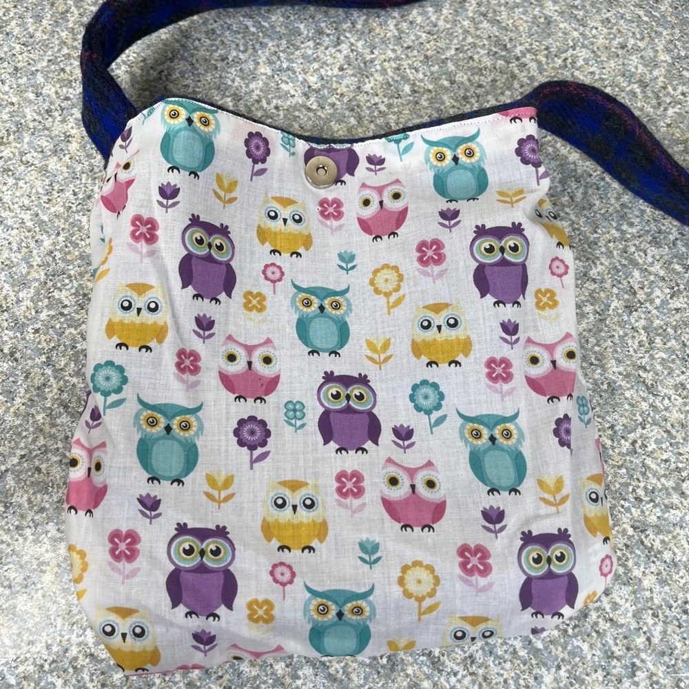 Harris Tweed Shoulder Bag Blue Plaid Wool Owl Lining Crossbody Magnetic Closure - Picture 3 of 11